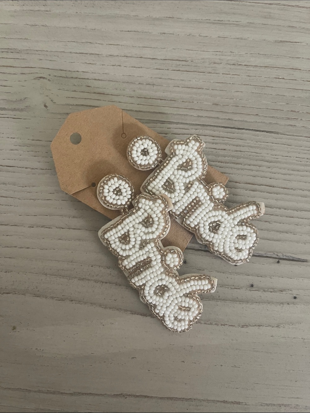 White Beaded “Bride” Statement Earrings